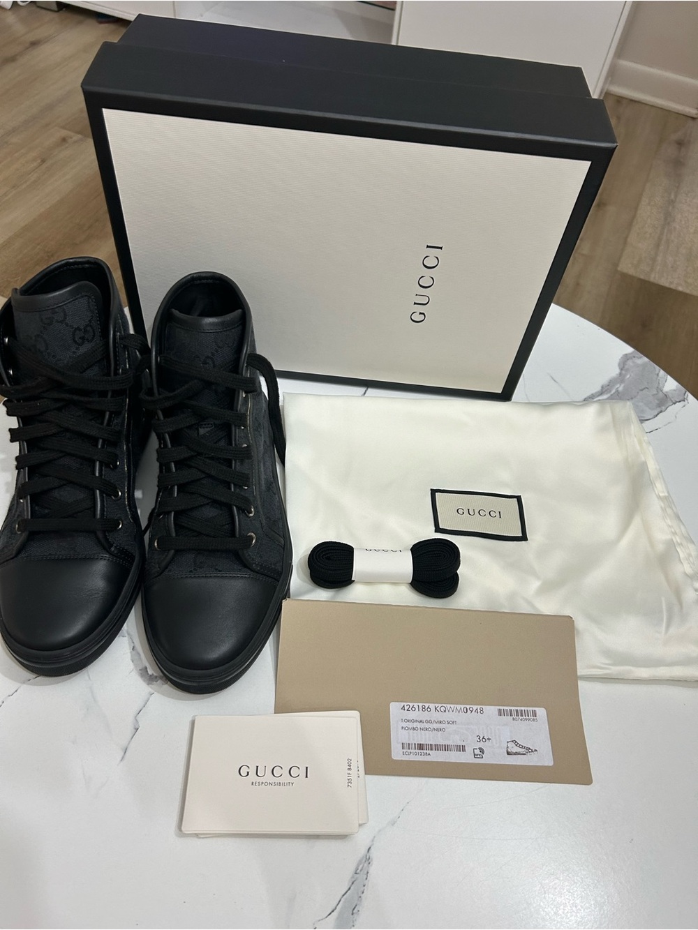 Gucci Black women High-Top Logo Sneakers size 36+ 6.5 - Picture 2 of 9